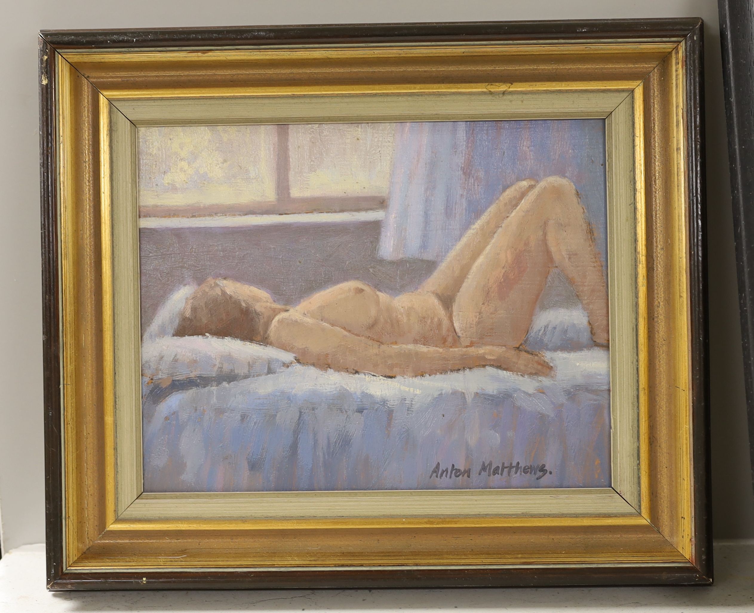 Anton Matthews (1925-2008), oil on board, Reclining nude, signed, 18 x 23cm